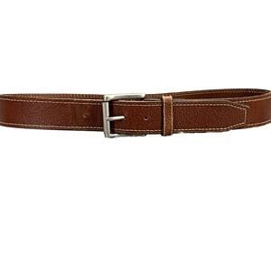 Western Brown Leather White Stitch Silver Square Buckle Belt Men 36”